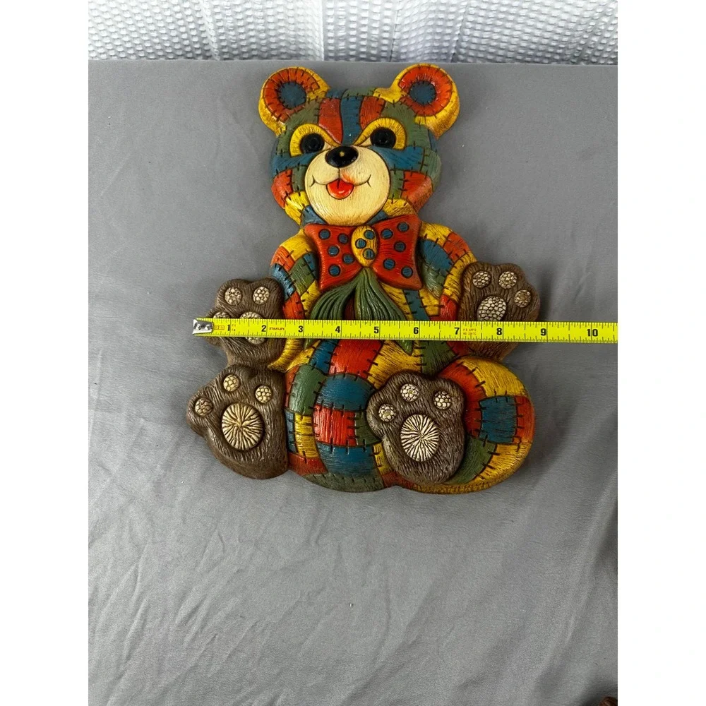 VINTAGE 1970'S Patchwork Rocking Horse & Bear Molded Foam Wall Hangings Set Of 2